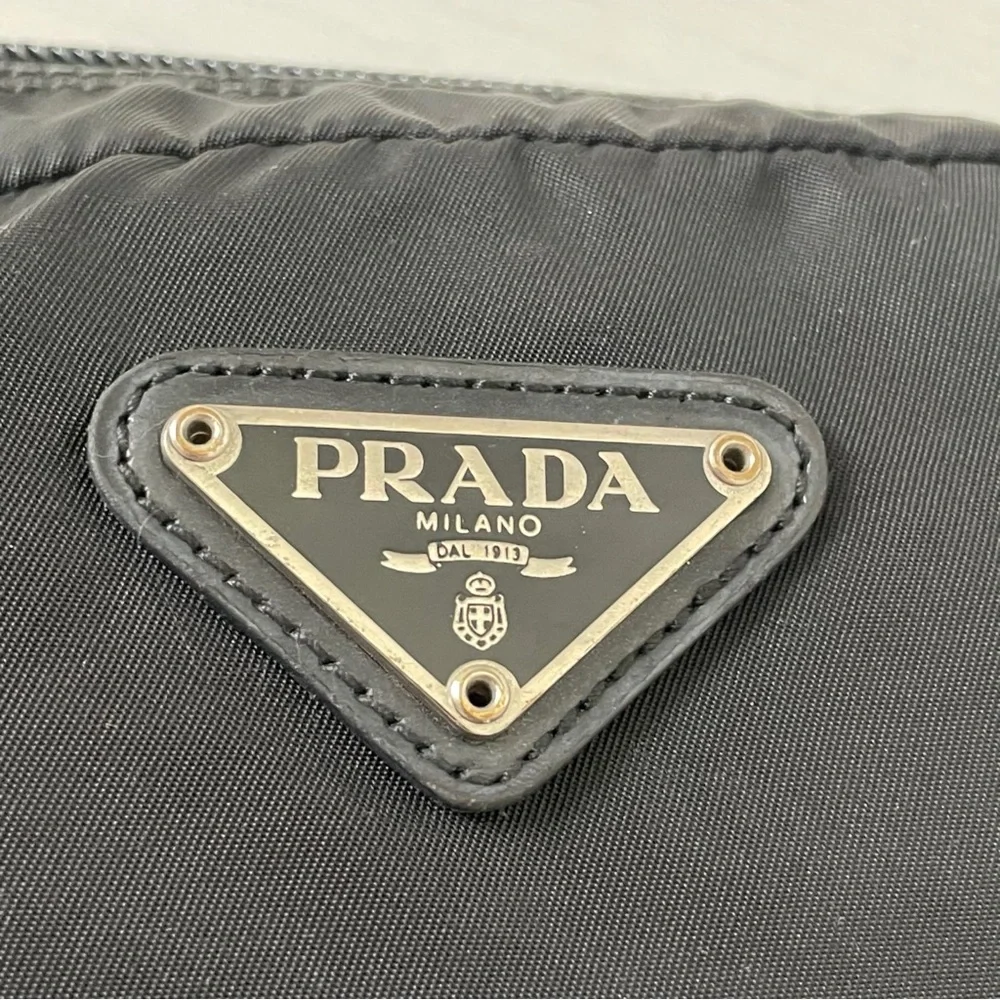 Prada black nylon and leather triangle logo vintage cosmetic zip pouch